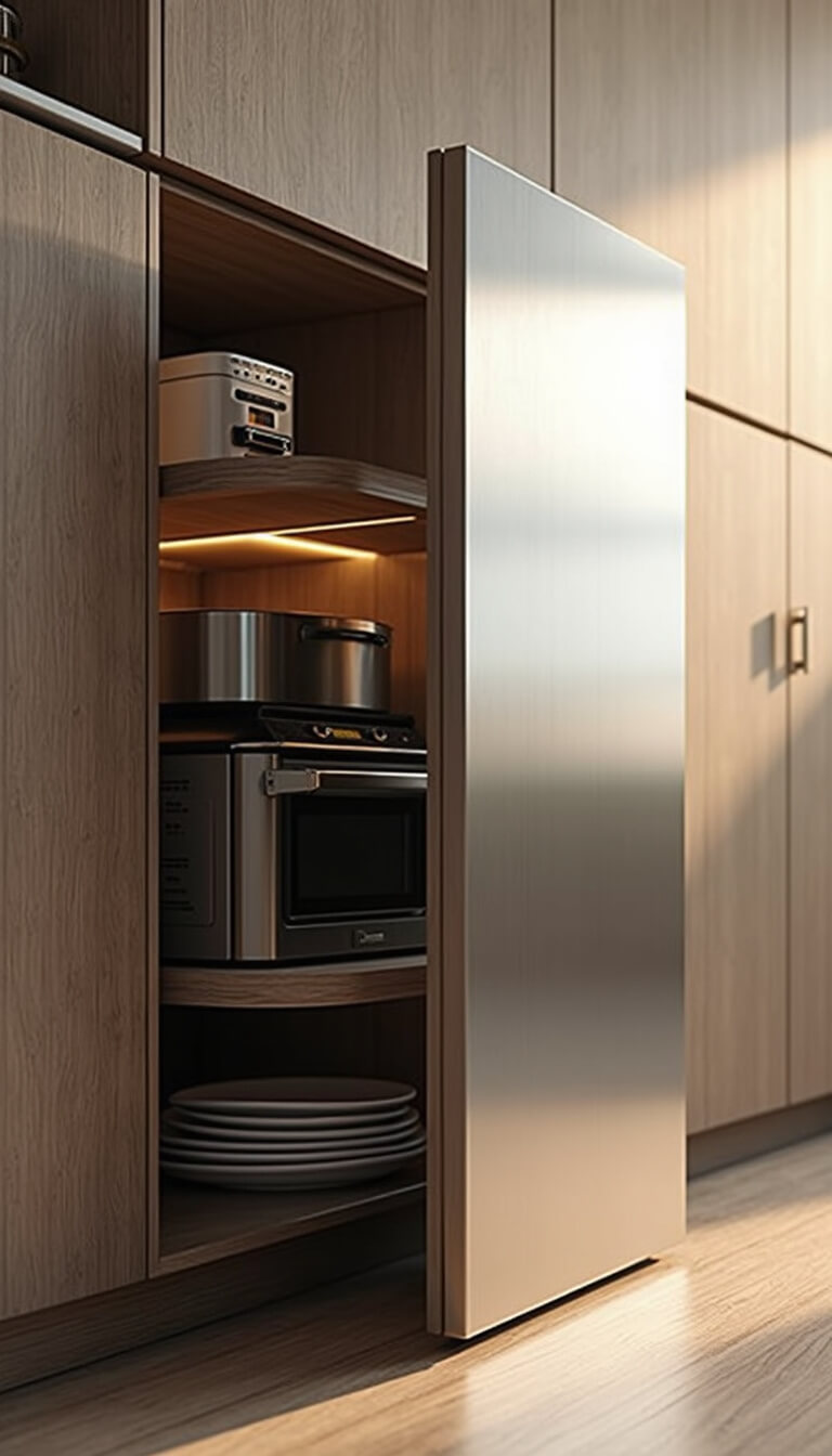 Close-up of modern kitchen corner storage with brushed steel retractable appliance garage door, lit by internal LEDs and warm afternoon light.