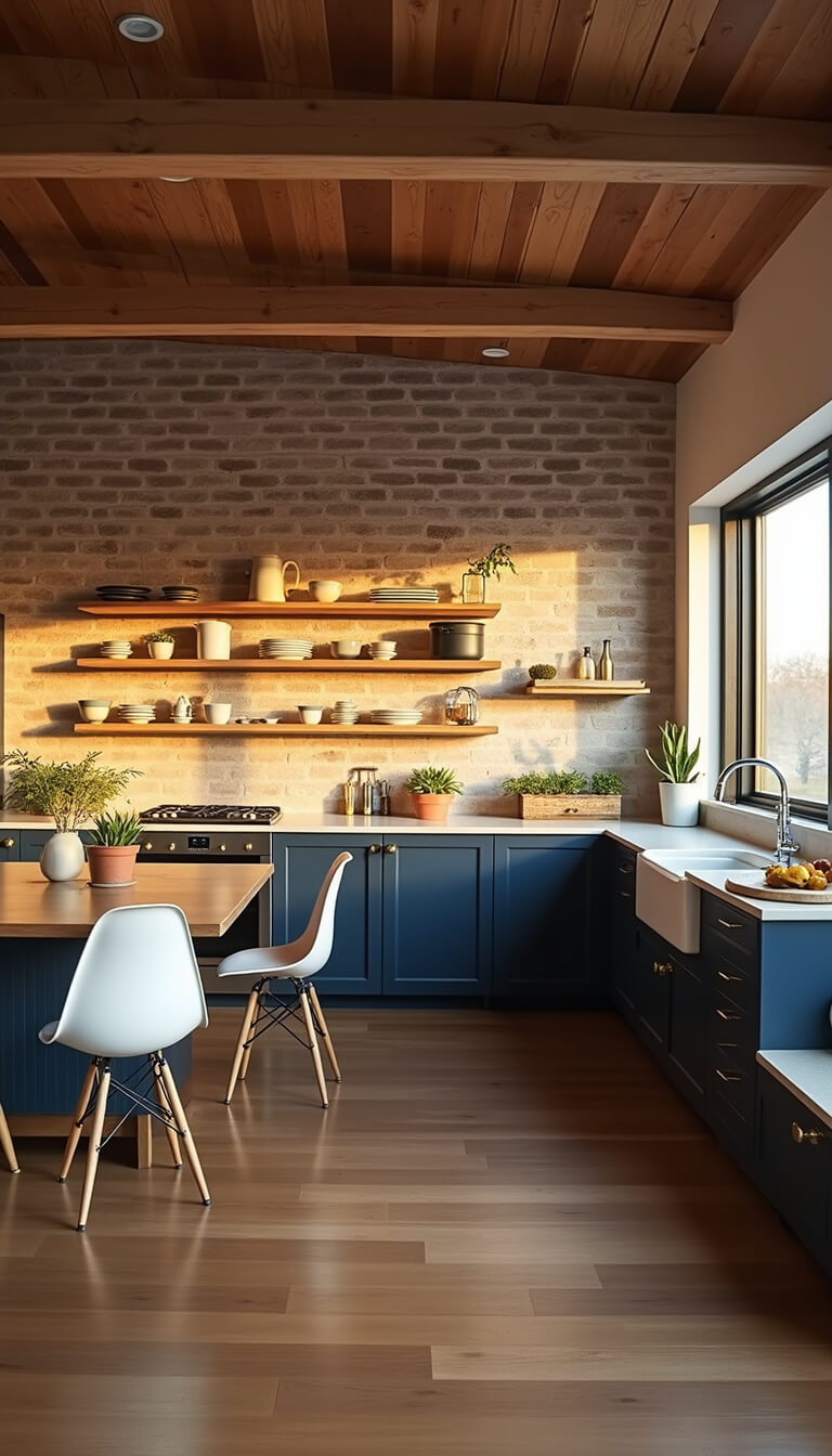 Open-concept kitchen-living space at golden hour with exposed brick wall, floating wood shelves, navy and white cabinetry, brass hardware, and vintage Eames chairs in a warm, inviting atmosphere.