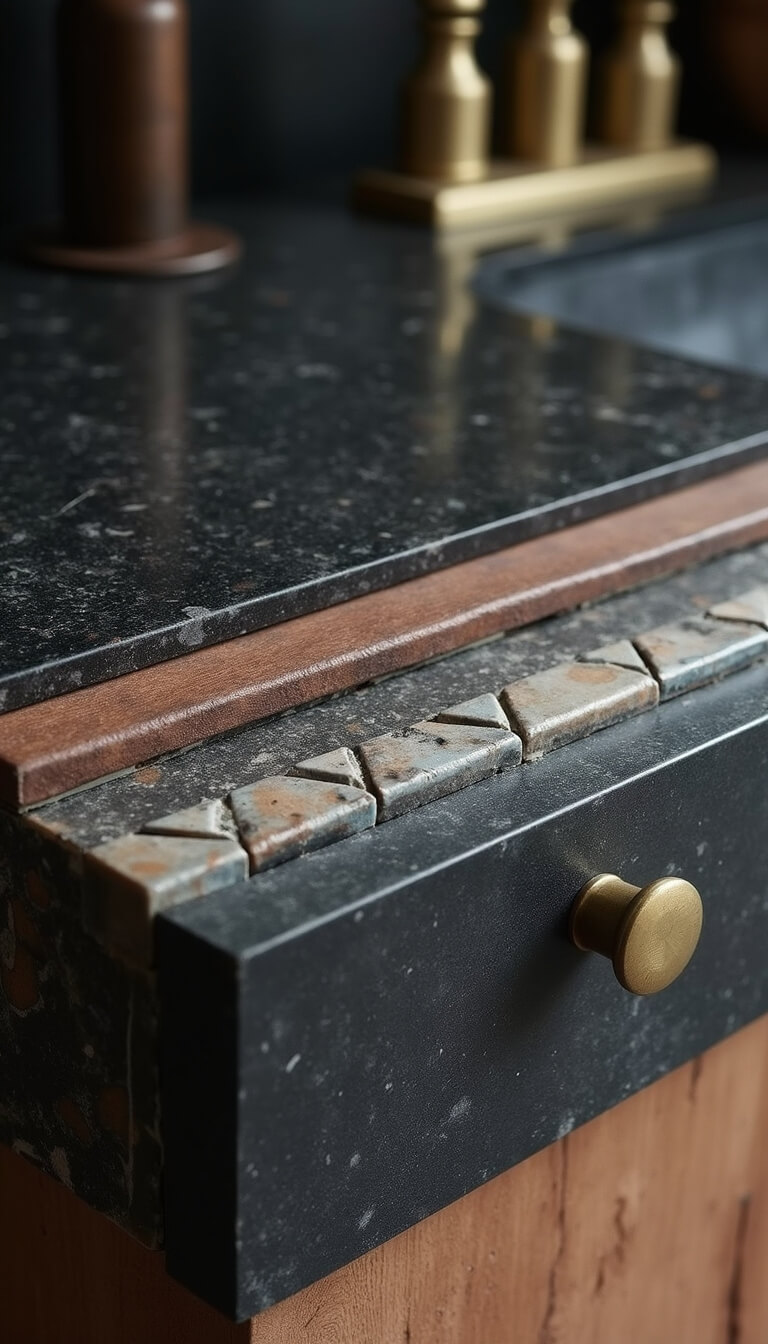 Close-up of matte black granite countertop meeting textured leather-finish cabinet, with herringbone ceramic tiles and aged brass fixtures under soft natural light.