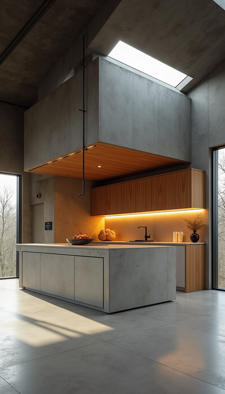 Modern kitchen with 10ft concrete island, blackened steel supports, minimalist wood ceiling-high cabinets, ambient LED lighting, morning light from skylights, shot from low angle with wide-angle lens showing industrial yet warm design.