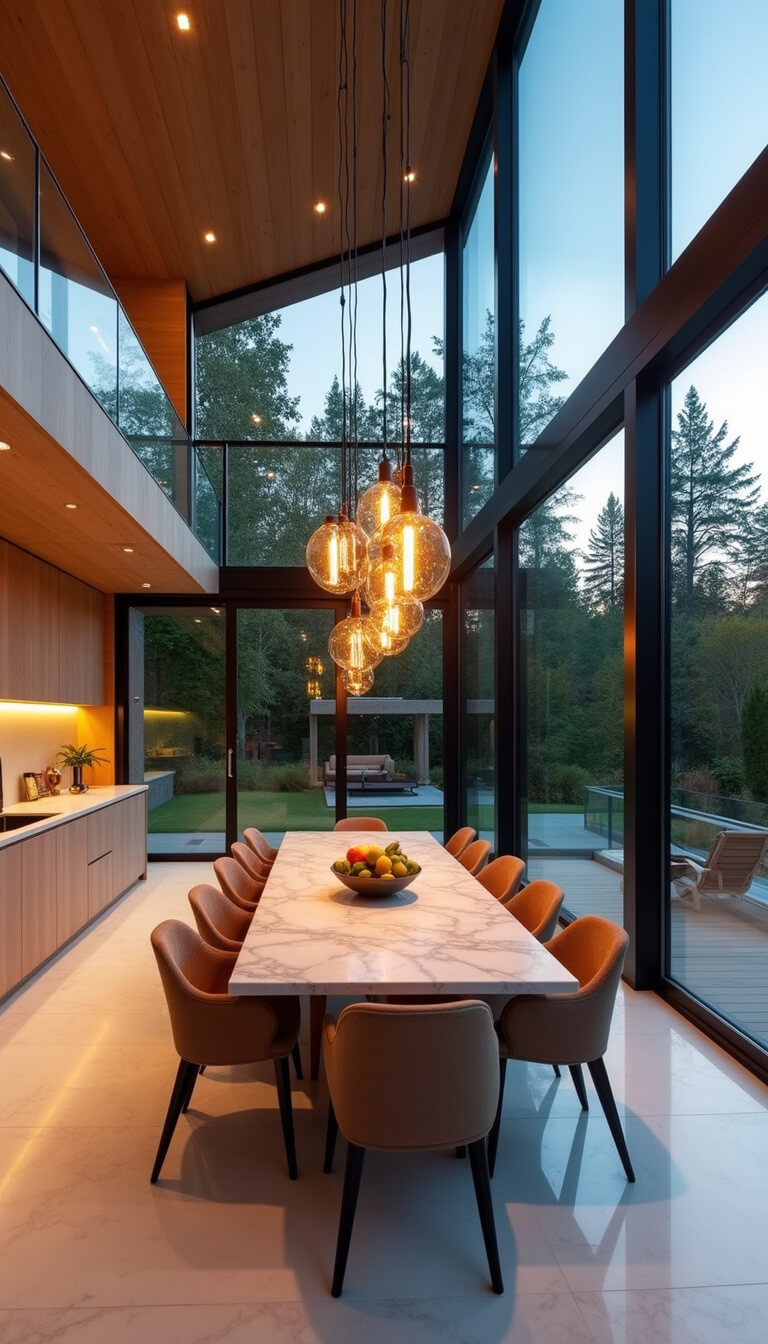 Panoramic view of modern kitchen-dining area with bleached oak cabinets, marble surfaces, pendant lights over large table, and garden visible through floor-to-ceiling windows at dusk.
