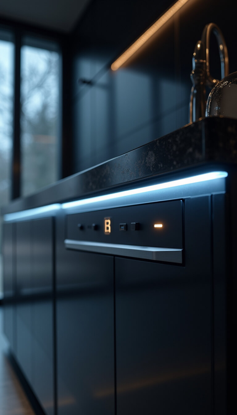 Close-up of a smart kitchen with touch-activated cabinets, hidden charging stations, sleek black glass displays, and cool LED lighting in a futuristic, elegant evening setting.