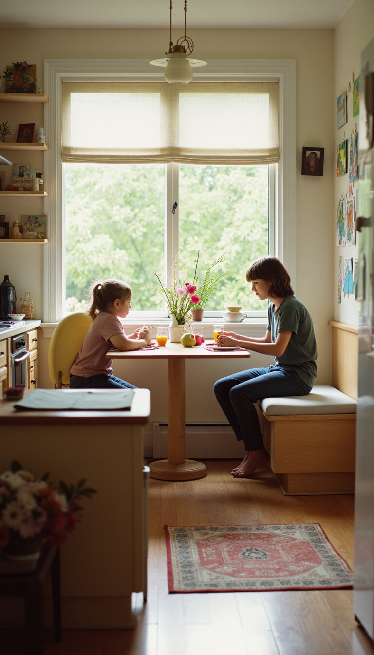 Bright family kitchen during breakfast with natural light, white oak island, built-in banquette, vintage runner, children's artwork on magnetic wall, captured in warm, candid 35mm documentary style.