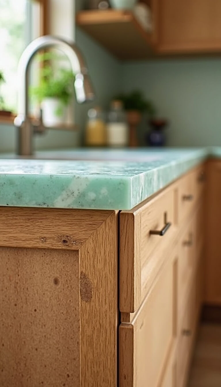 Macro view of recycled glass countertop, bamboo cabinets, and cork flooring in sustainable kitchen with natural light highlighting eco-friendly textures.