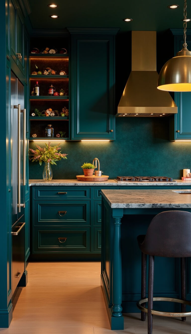 Moody evening kitchen with dark emerald cabinets, brass accents, LED-lit wine wall, and soft ambient lighting.