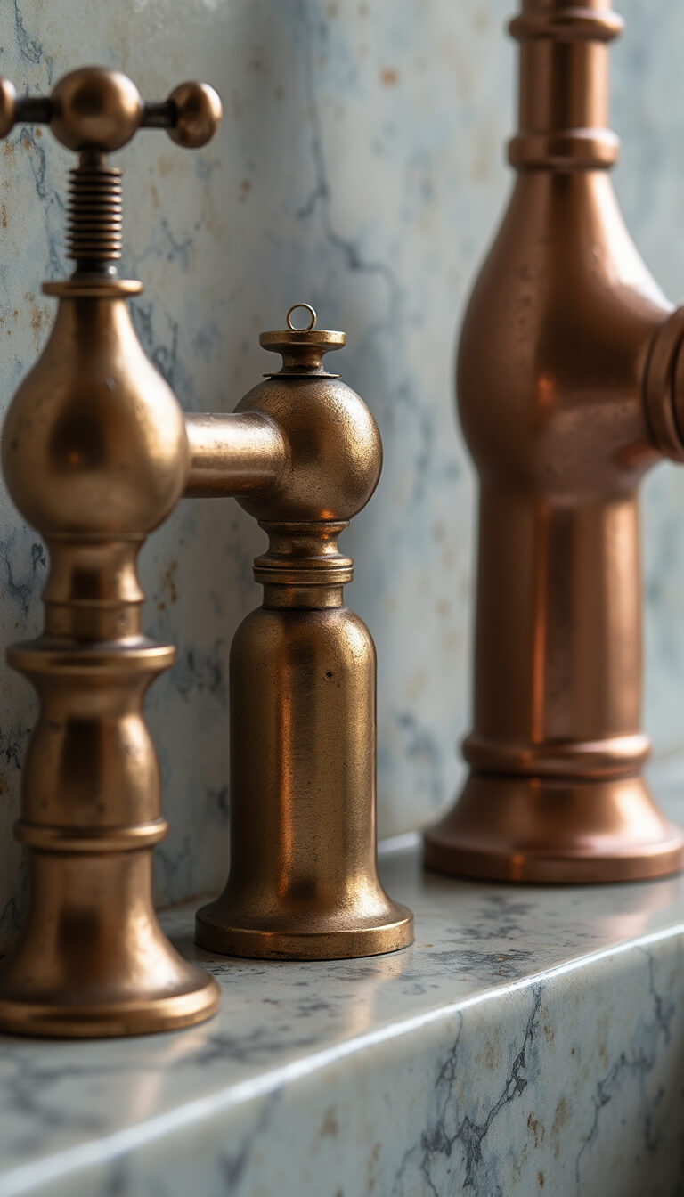 Close-up of mixed metal finishes with unlacquered brass faucet, chrome appliances, and copper accents against marble backdrop under studio lighting.