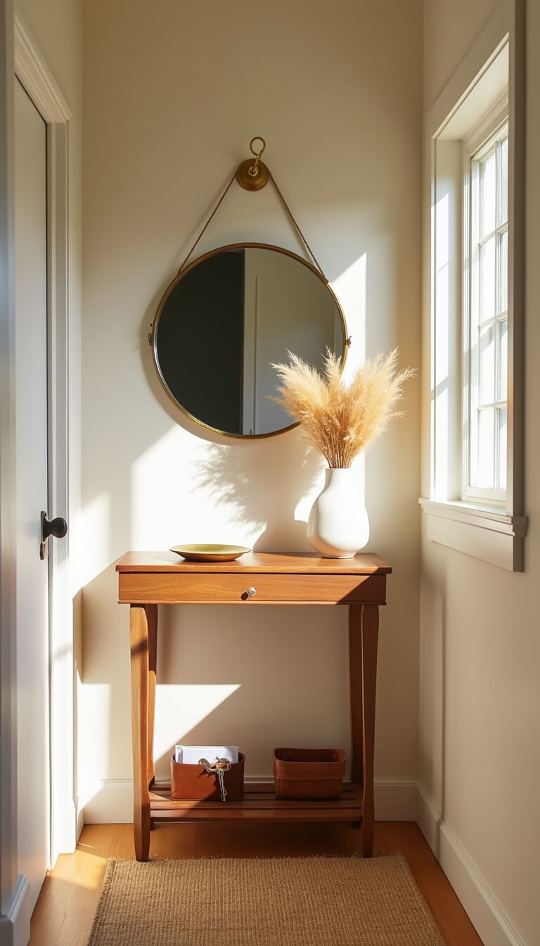 Golden hour sunlight fills a narrow entryway with a walnut console table, brass mirror, pampas grass in a white vase, and neatly arranged decor on a sisal runner.