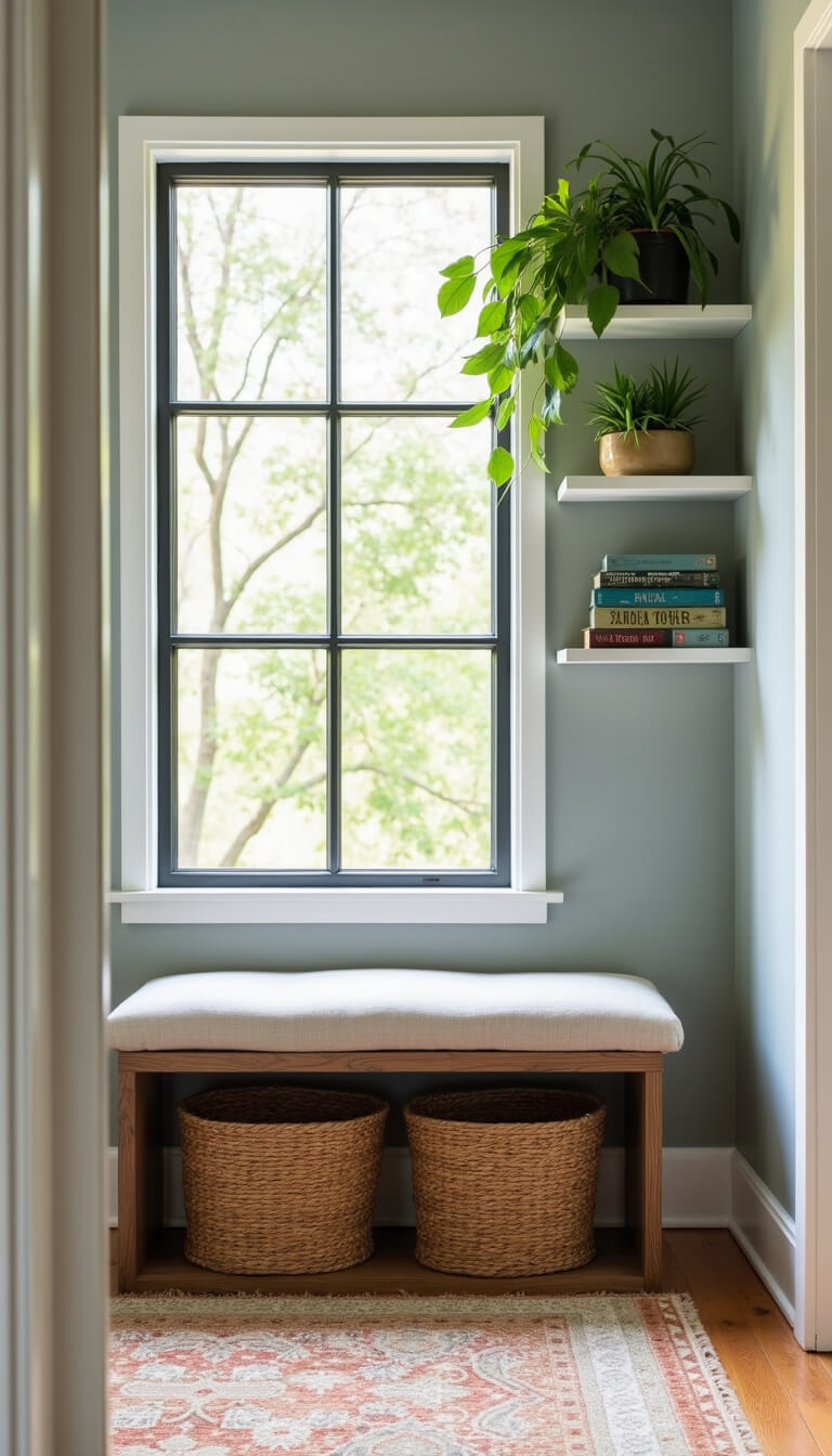 Cozy entryway with oatmeal linen storage bench, woven baskets underneath, floating shelves holding plants and books, lit by natural light through black-framed window.