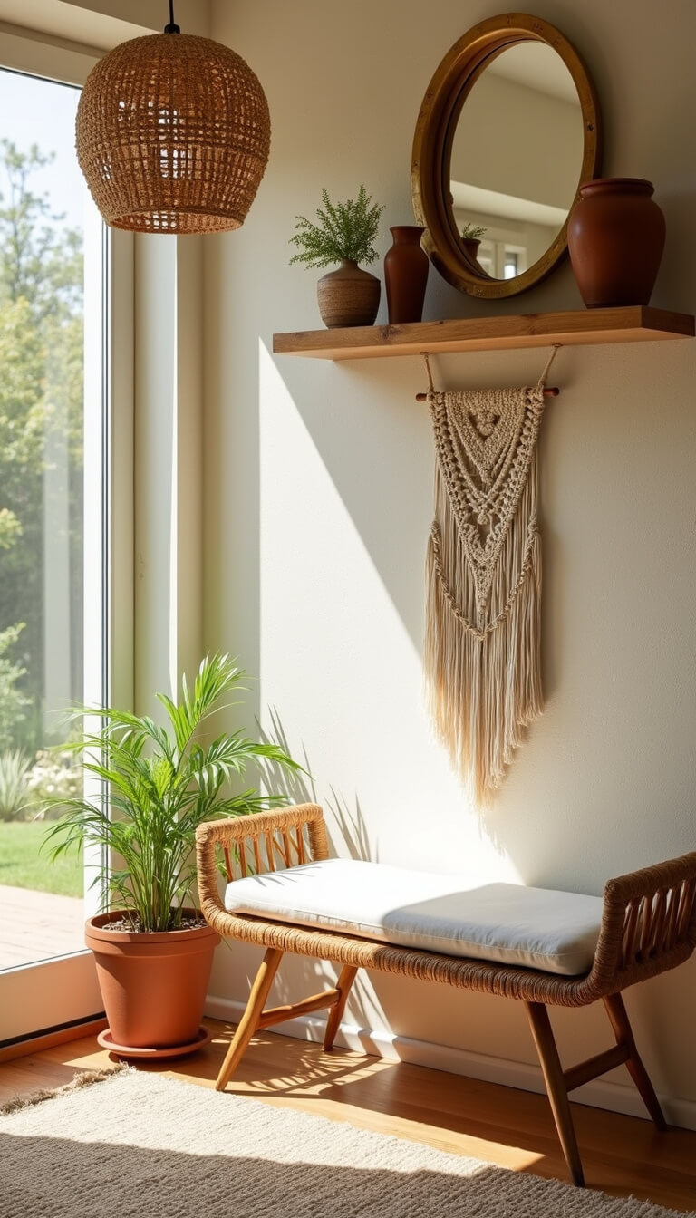 Boho entry nook with rattan bench, macramé wall hanging, and terracotta pot under bright morning light.