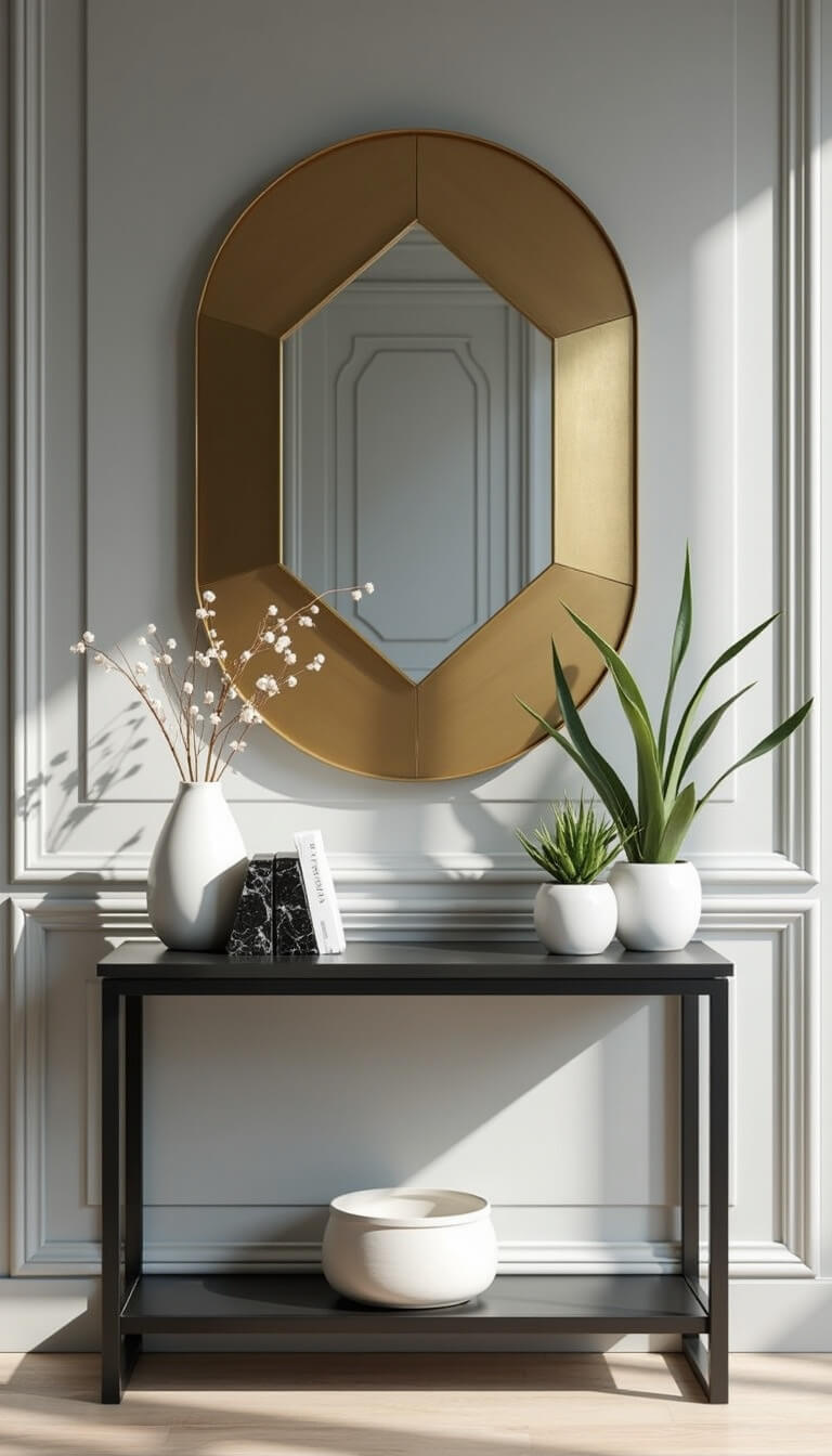 Modern entryway with geometric brass mirror, black metal console, ceramic sculpture, marble bookends, and succulents against grey walls.