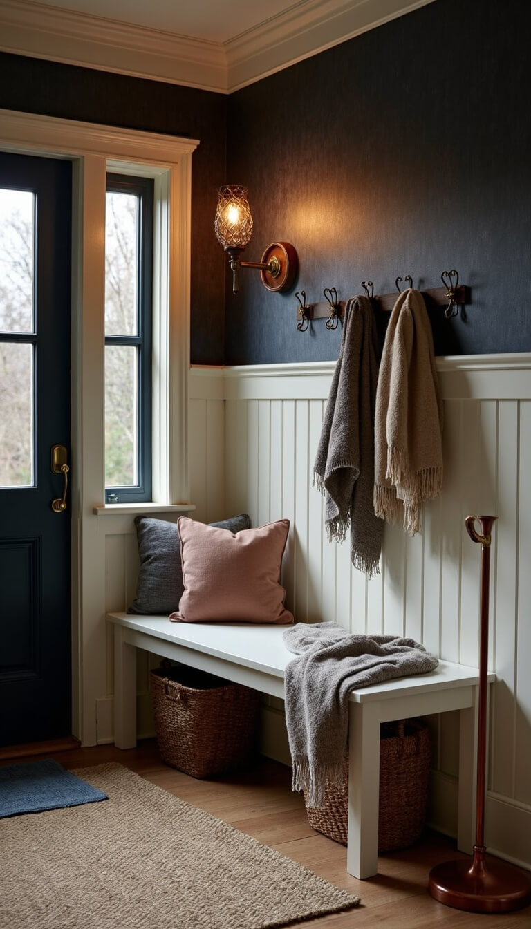 Cozy winter entryway at dusk with warm sconce lighting, navy grasscloth wallpaper, white shaker bench, wool throw, copper umbrella stand, and vintage brass hooks.