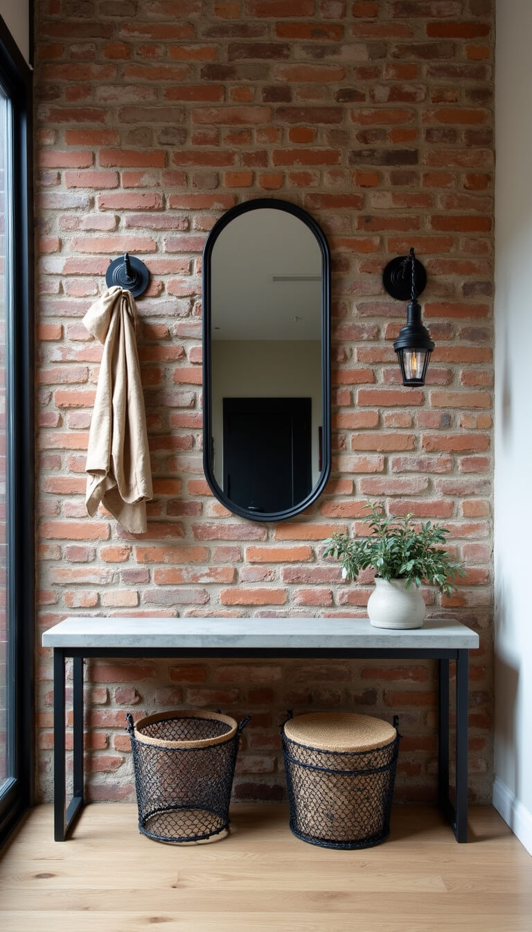 Industrial-chic entry with exposed brick wall, black metal coat rack, concrete console, vintage mirror, factory pendant light, and wire mesh baskets in strong midday light.