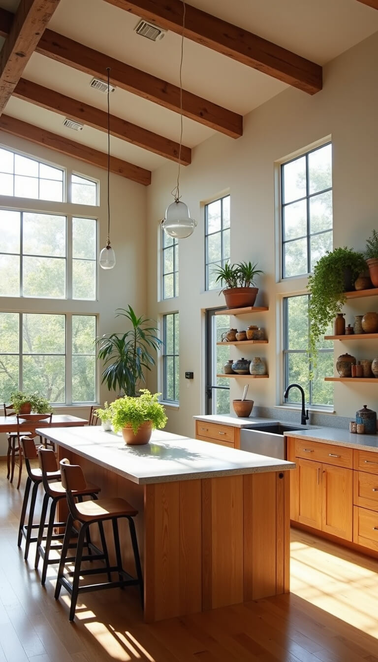 Bright, airy kitchen with exposed wooden beams, large windows, central granite island, reclaimed oak cabinets, and cascading pothos plants in warm morning light.