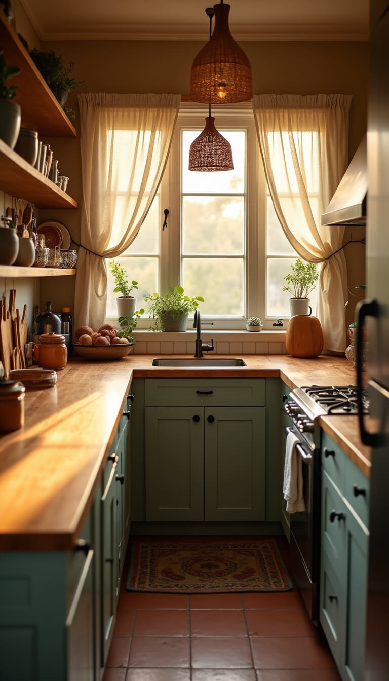 Warm golden-hour light fills a cozy 10x12ft galley kitchen with sage green cabinets, matte black hardware, terracotta tile floors, and butcher block counters adorned with wooden cutting boards and earthenware bowls.