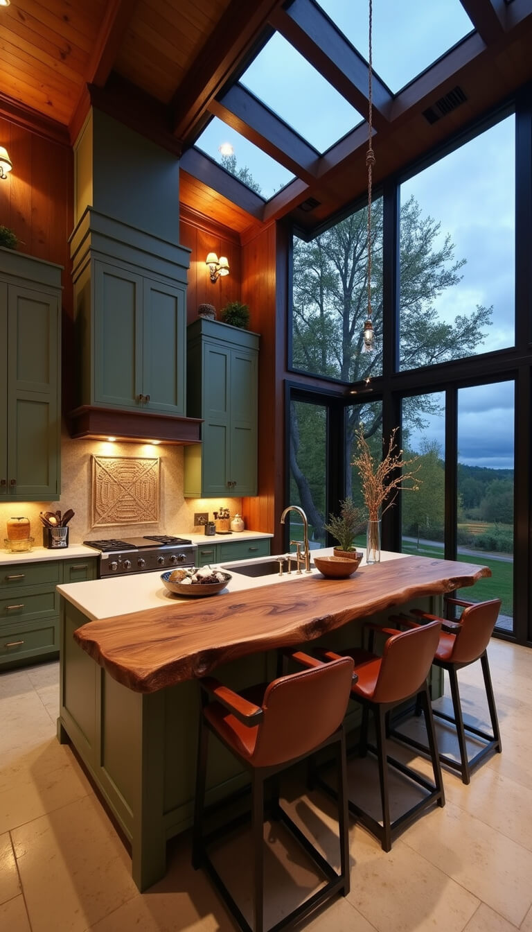 Wide-angle view of a 15x20ft open-concept kitchen at dusk with clerestory windows, olive green cabinetry with rattan panels, soapstone counters, live-edge walnut island, and leather barstools.