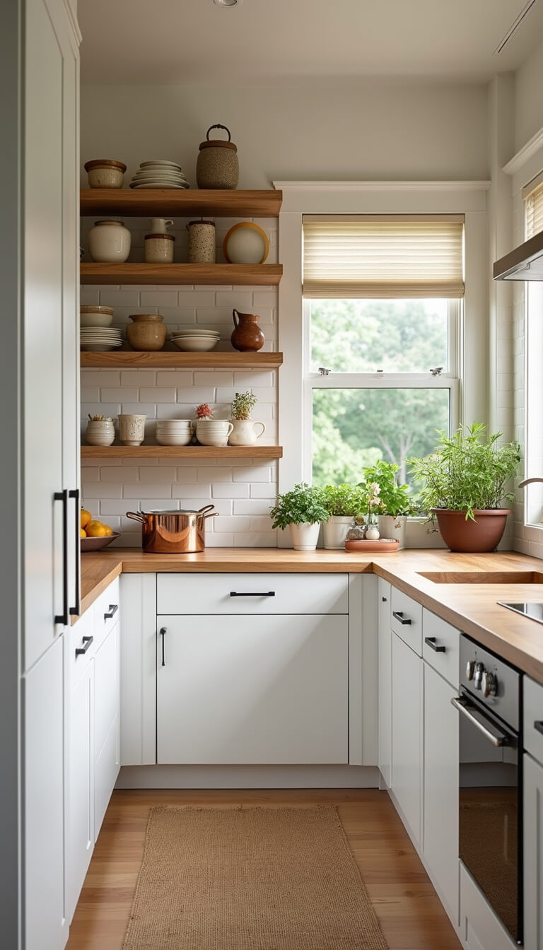 Cozy small kitchen with white oak shelves displaying handmade pottery, warm white brick backsplash, and copper cookware in soft afternoon light.