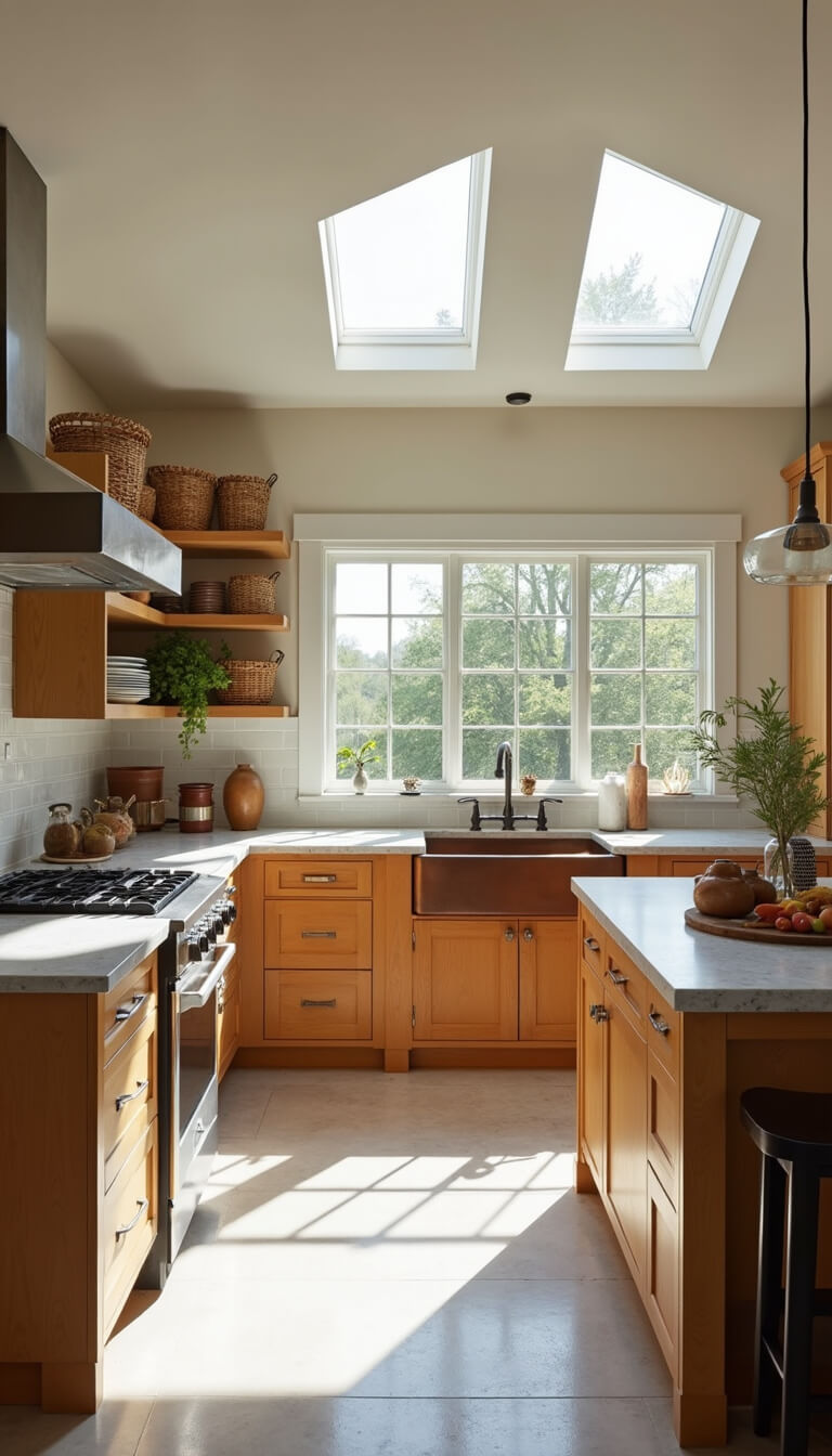 Modern farmhouse kitchen with vaulted ceiling, skylights casting shadows on limestone floors, taupe shaker cabinets, vintage copper sink, and rustic decor.