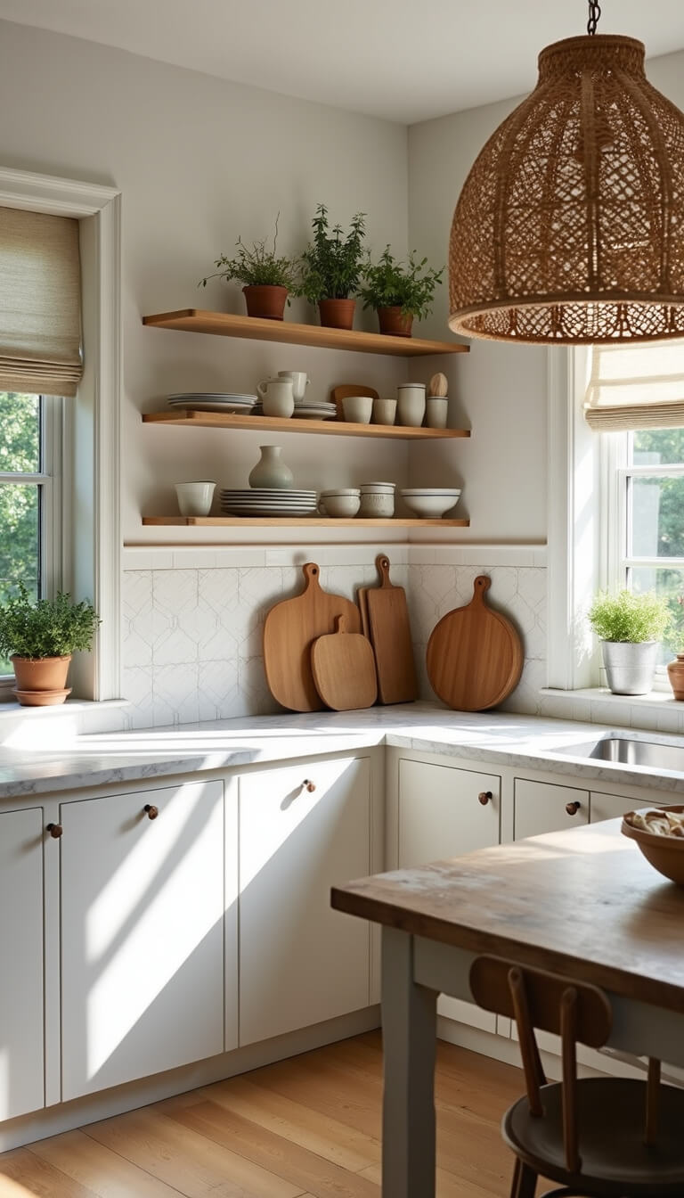 Sunlit L-shaped kitchen with marble counters, white zellige tile backsplash, and open shelving displaying wooden boards and ceramic mugs.