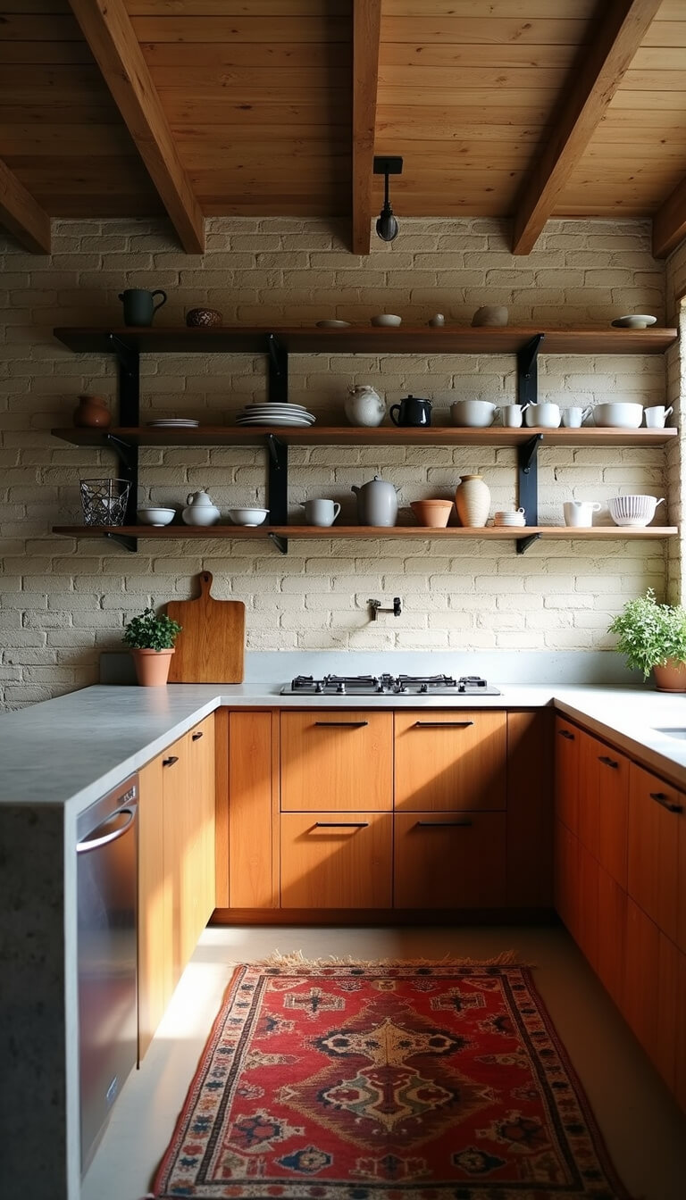 Contemporary 16x18ft kitchen with cream-painted brick wall, black steel shelves, concrete counters, wood cabinets, and a vintage kilim runner in moody afternoon light.