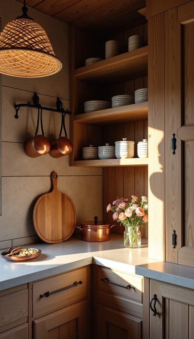 Rustic kitchen corner with reclaimed barn wood pantry, stone counters, copper pots, and warm textured lighting.