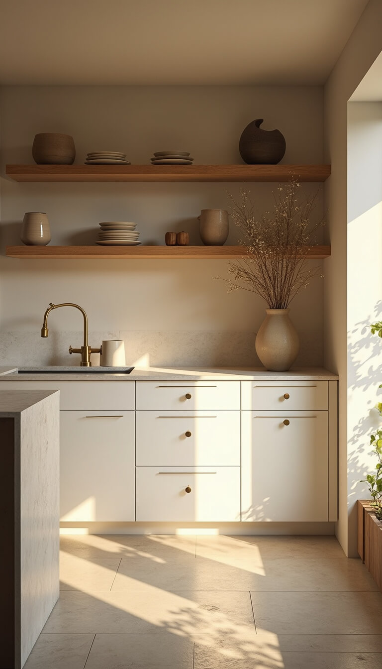 Minimalist 14x16ft kitchen with limestone floors, floating oak shelves, brass hardware, and a stone sink island bathed in late afternoon light.