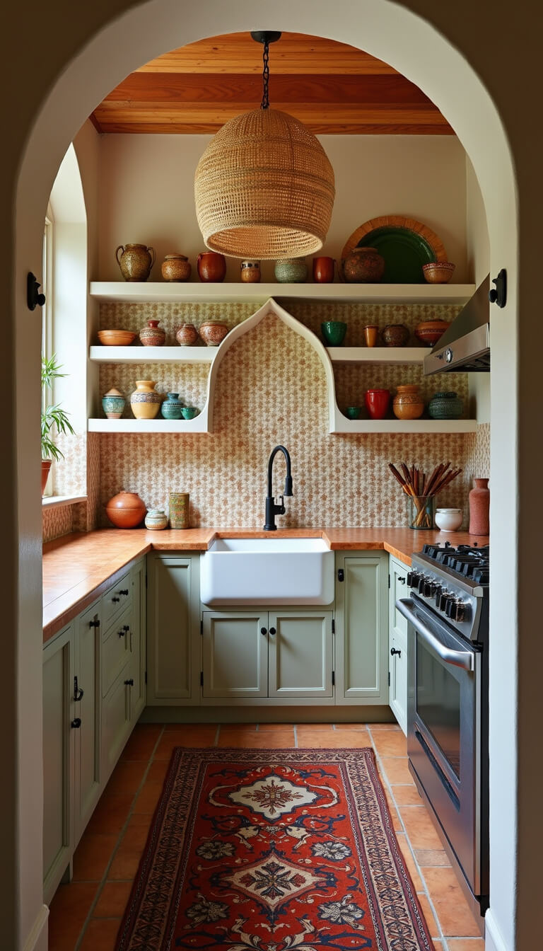 Bohemian kitchen with arched doorway, earthy handmade tile backsplash, rattan light fixture, open shelves with global pottery, and vintage runner.