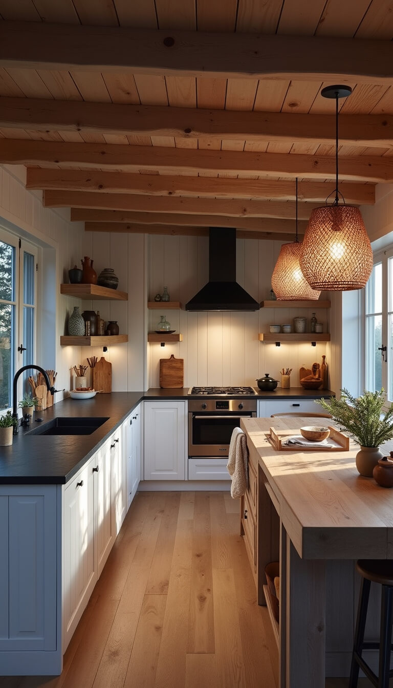 Overhead view of a Nordic-inspired 15x18ft kitchen at twilight with whitewashed cabinets, dark soapstone counters, handwoven pendant lights, and natural clay and wooden accents.