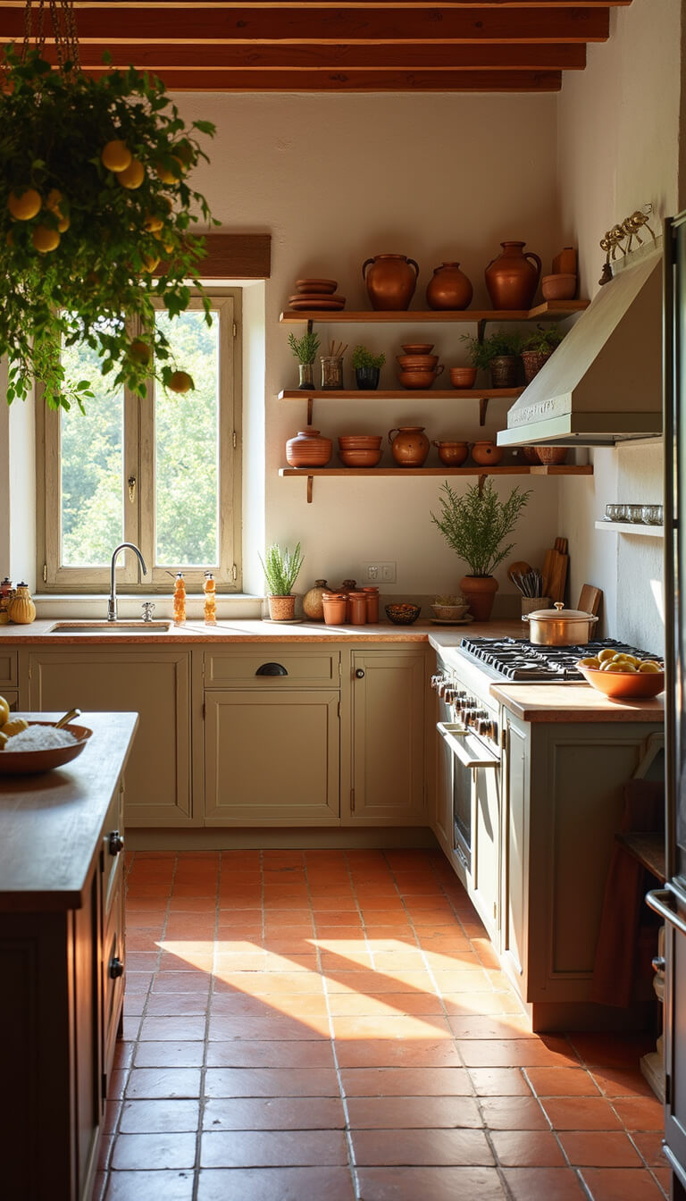 Mediterranean kitchen with terracotta floors, plastered walls, olive wood shelves displaying earthenware and copper, herbs hanging from ceiling, and lemon tree visible through window.