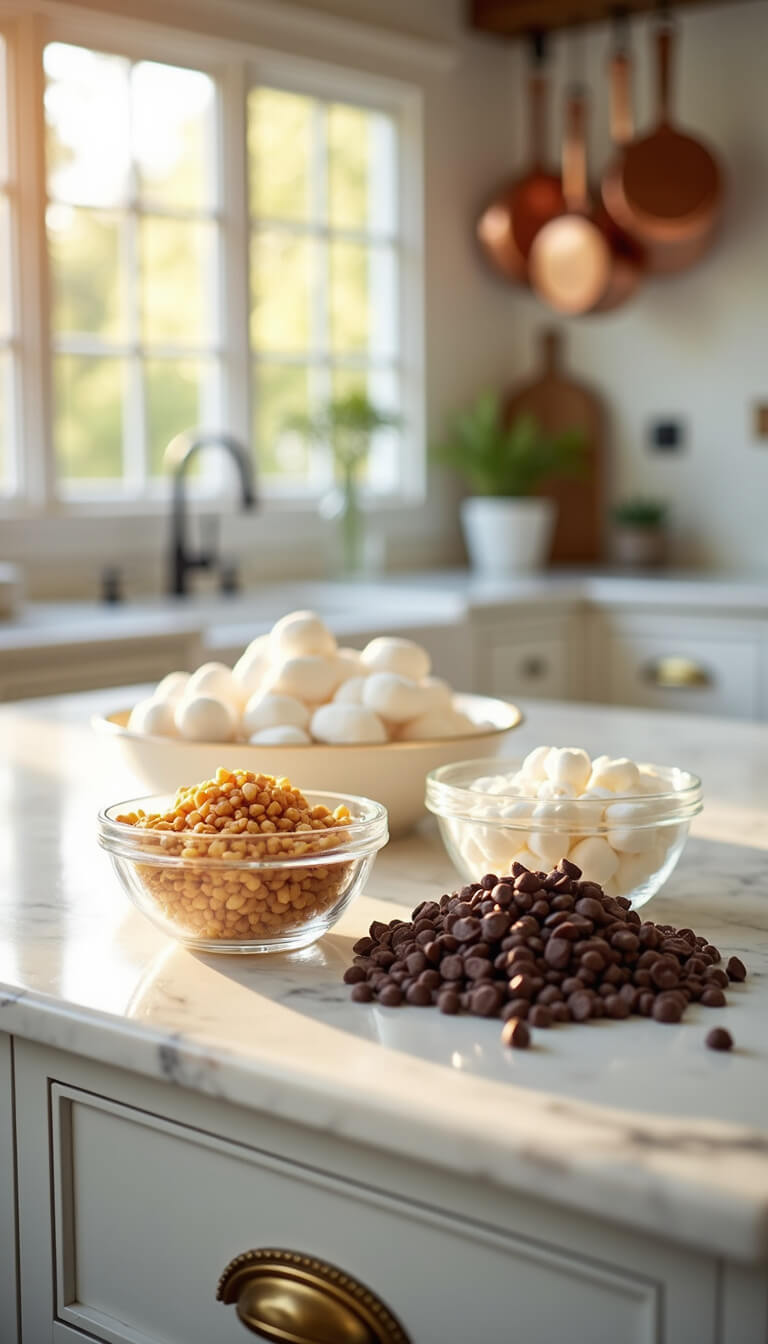 Warm, sunlit farmhouse kitchen with marble countertop showcasing chocolate chips, marshmallows, and nuts in glass bowls; copper pots hang in background.