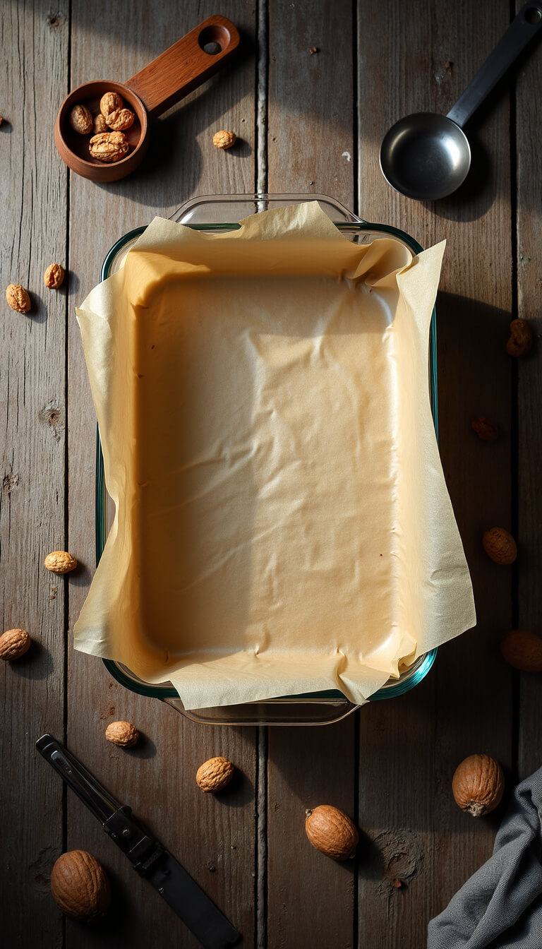 Overhead view of parchment-lined 8x8 glass baking dish on rustic wood, with vintage measuring cup, antique spoons, and scattered nuts in moody natural light.