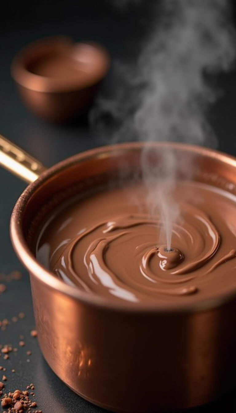 Close-up of melting chocolate swirling with condensed milk in a copper double boiler, steam rising and highlights reflecting off rich brown surface.