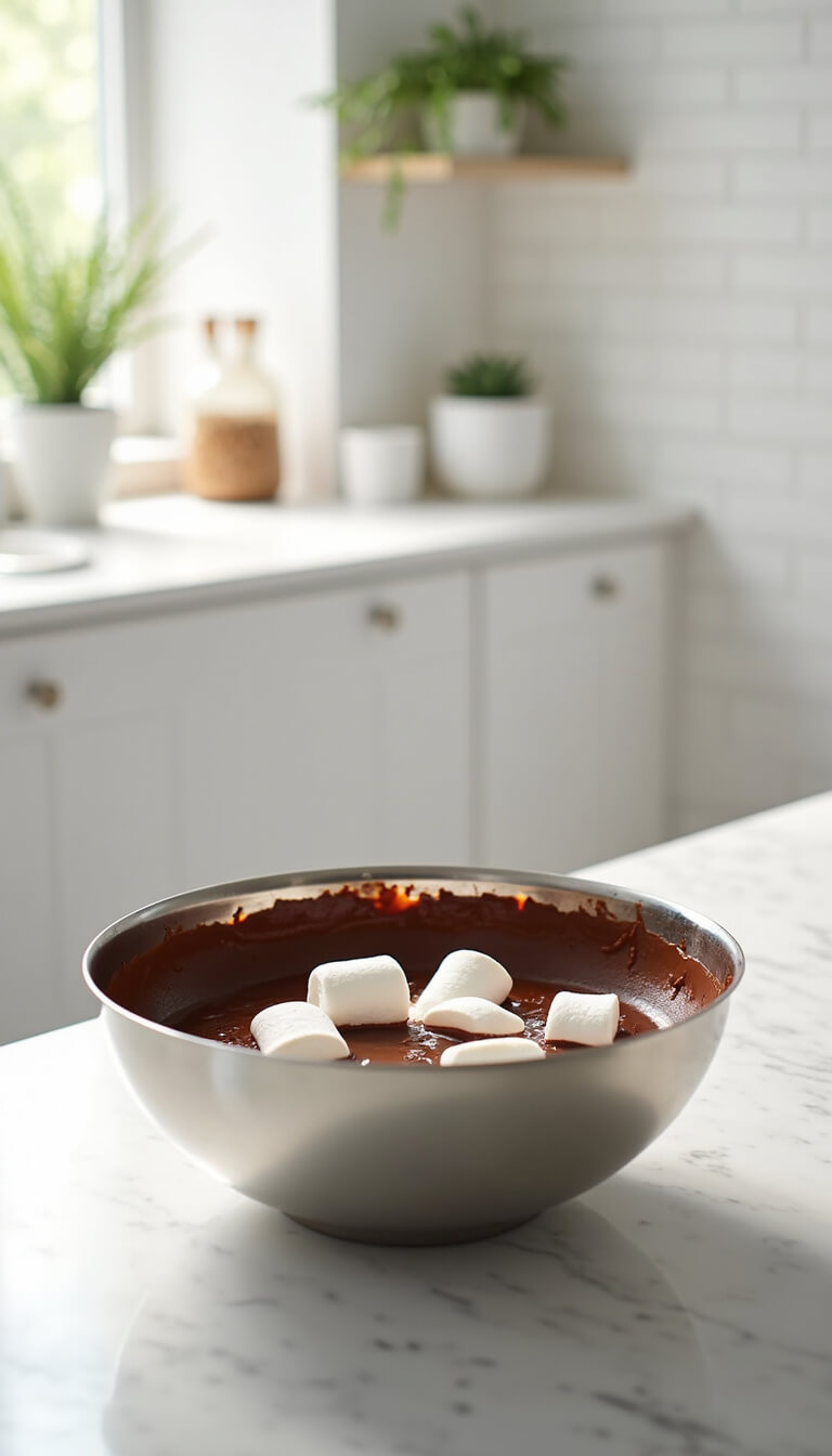 Mixing marshmallows into swirled chocolate in a stainless steel bowl on white marble countertop, shot from above with natural and soft lighting.