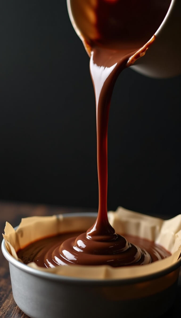 Glossy chocolate fudge being poured into a lined pan, with dramatic side lighting and shallow depth of field highlighting its smooth texture.