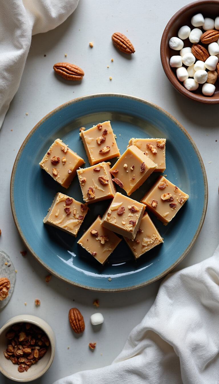 Overhead view of fudge squares on vintage blue plate with scattered nuts and marshmallows on gray concrete surface.