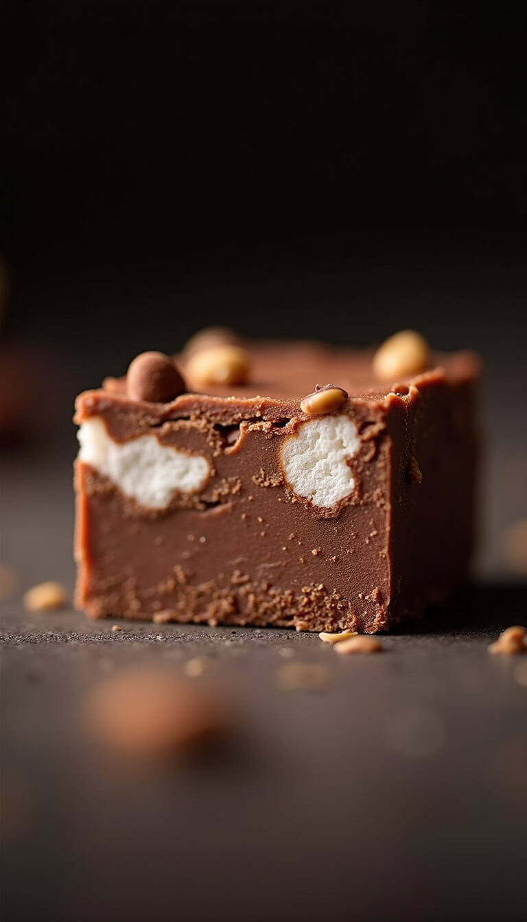 Macro shot of layered fudge square showing detailed texture, marshmallow, and nut distribution with chocolate sheen against dark gradient background.