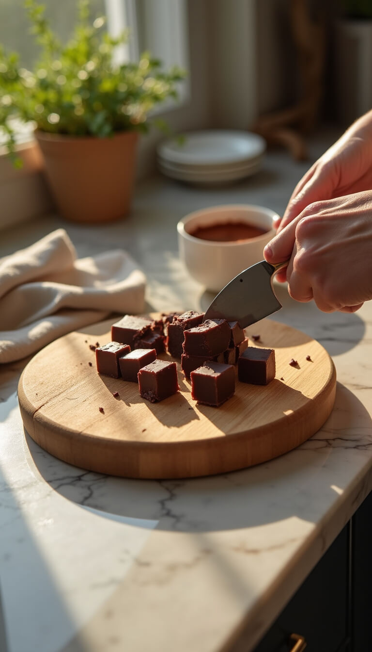 Hands slicing fudge with a chef's knife on a wooden cutting board in warm afternoon light, with rustic kitchen elements in soft focus.
