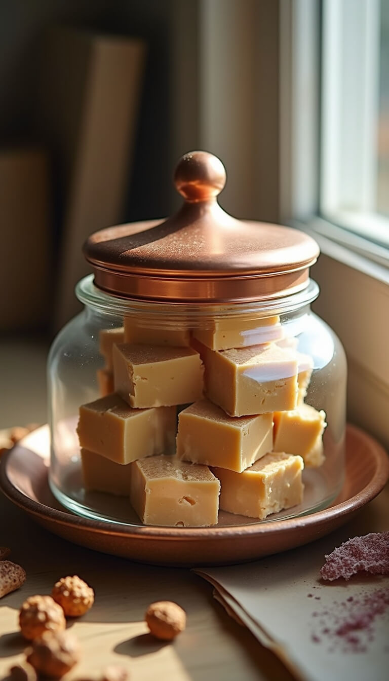 Stacked fudge pieces in vintage glass jar with copper lid, styled with scattered nuts and artisanal paper, lit by soft window light creating shadows through glass.