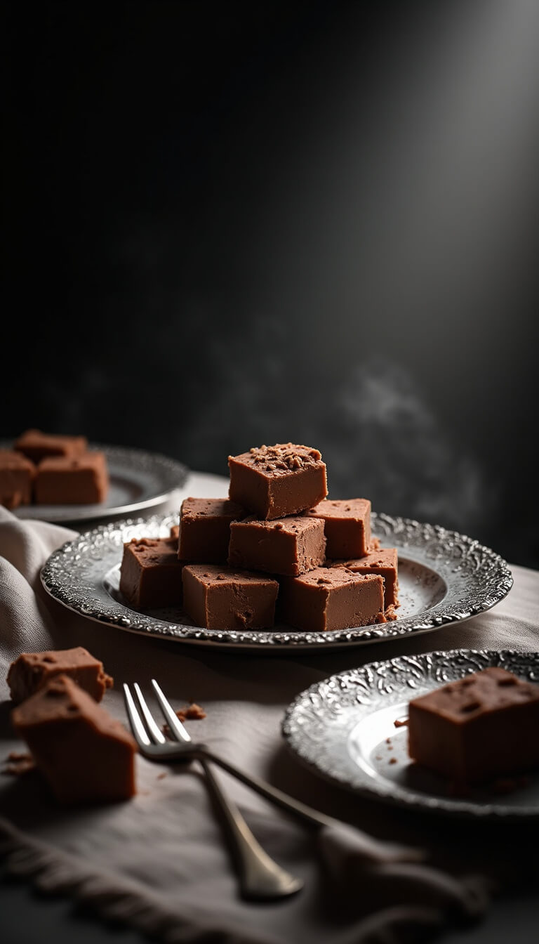 Side-lit fudge on antique silver dessert plates with vintage silverware and textured linens, dramatic lighting highlighting the glossy chocolate surface against a dark moody background.