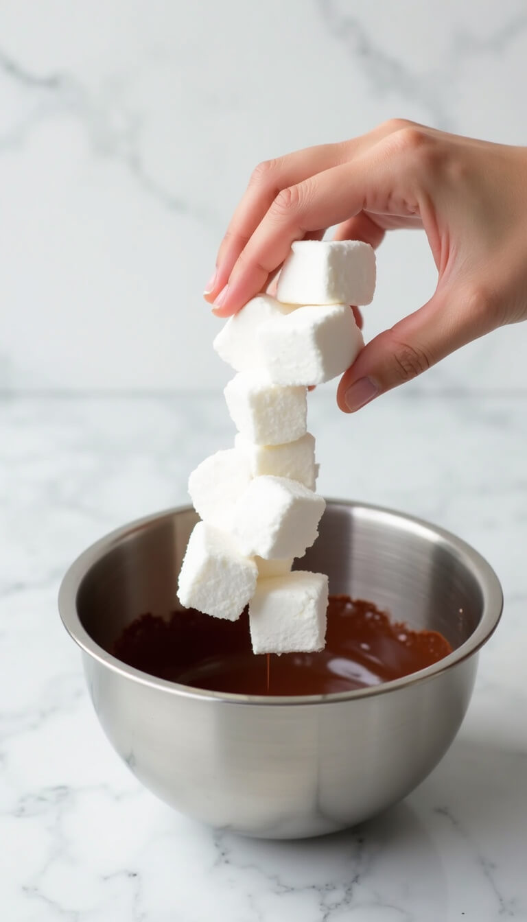 Marshmallows being added to chocolate mixture in stainless steel bowl on white marble surface, shot with high-key lighting from a 45-degree angle.