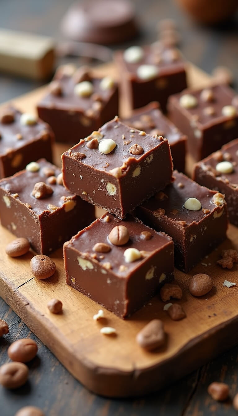 Rocky road fudge squares on rustic wooden board with scattered ingredients, shot in warm natural light from a slightly elevated angle.