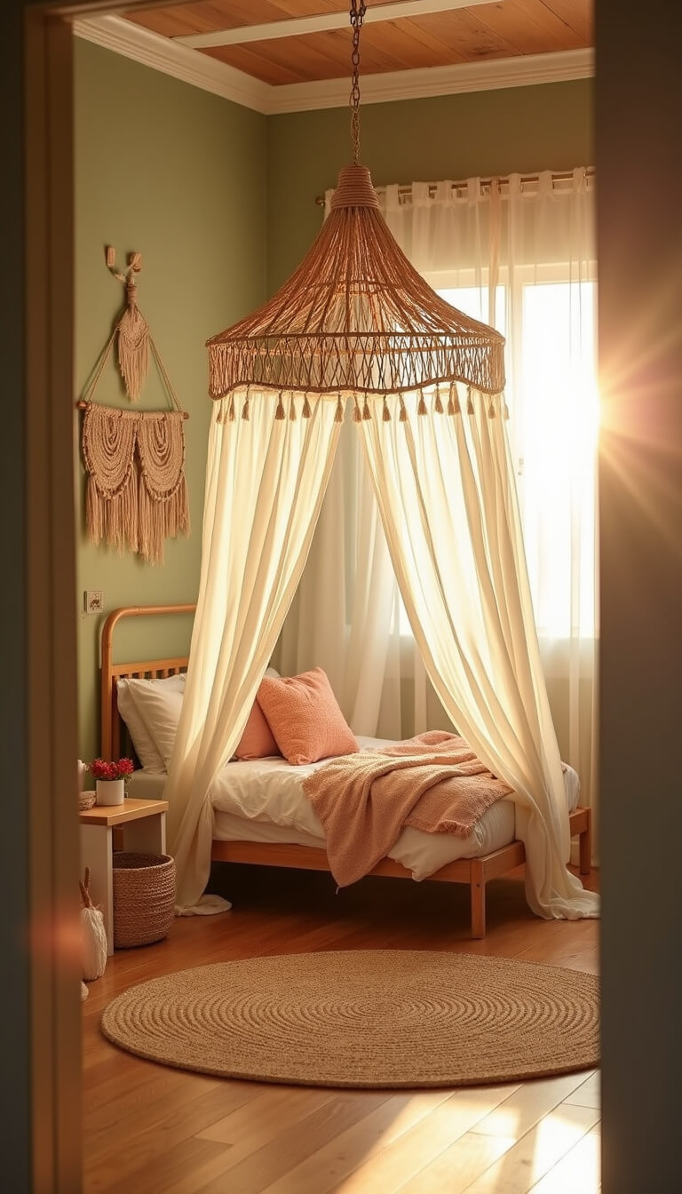 Warm, sunlit kids' bedroom with rattan canopy bed, jute rug on bamboo floor, sage accent wall, and desert-toned decor.