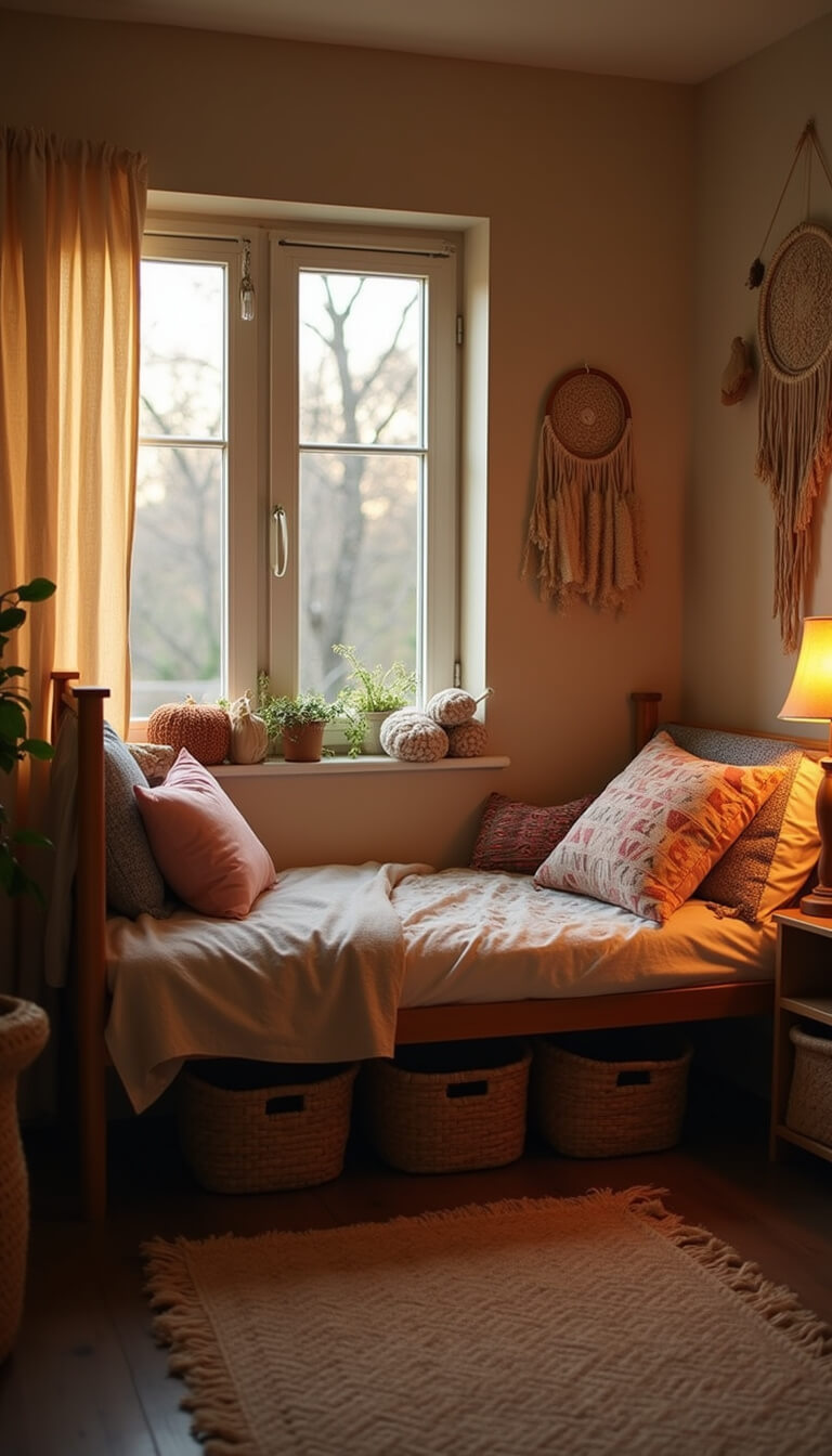 Child's cozy 10x12ft room at dusk with warm vintage floor lamp, low wooden bed with bohemian pillows, macramé dream catcher above, and woven baskets under window seat seen from child’s eye level.