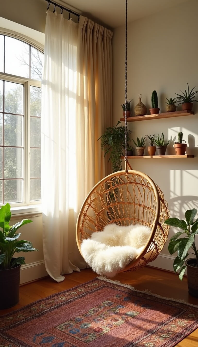 Sunlit reading nook with hanging rattan peacock chair, sheepskin throw, Moroccan rugs, gauzy curtains, floating shelves with crystals and air plants in tall 14x16ft room.