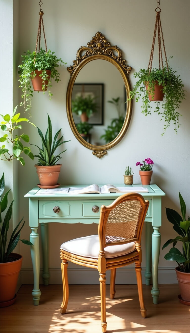 Whimsical study nook with mint green vintage desk, rattan chair, hanging plants, and antique brass mirror in soft afternoon light.