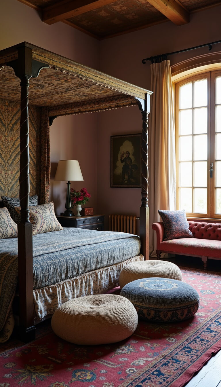 Cozy 16x14ft room with a four-poster bed in block-printed textiles, vintage Persian rug in rose and indigo, woven floor cushions, and soft atmospheric lighting.