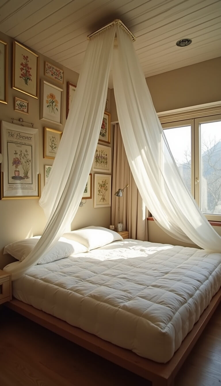 Cozy 10x12ft bedroom with low mattress on wooden platform, sheer ceiling canopy, and gallery wall of vintage prints and children's art in brass frames, bathed in soft morning light.