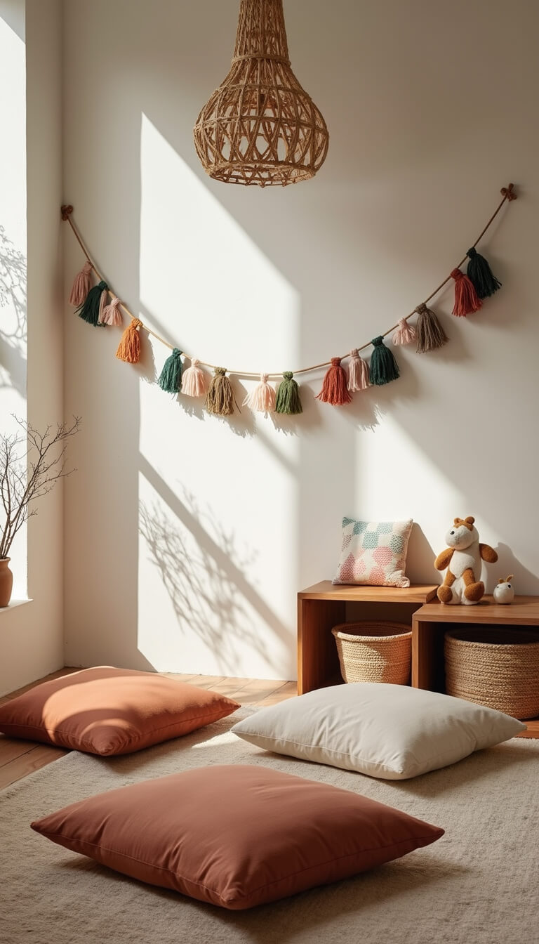 Toddler-eye view of a modern bohemian play area with earth-toned floor cushions, woven baskets in open wooden storage, handmade muted rainbow bunting, and a natural fiber pendant light casting textured shadows.