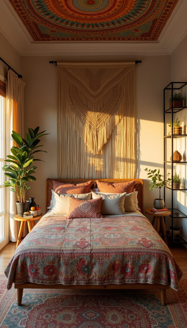 Drone view of serene 12x14ft bedroom with rattan daybed, vintage quilts, global textiles, macramé headboard, mandala ceiling art, and brass display shelves in warm golden hour light.
