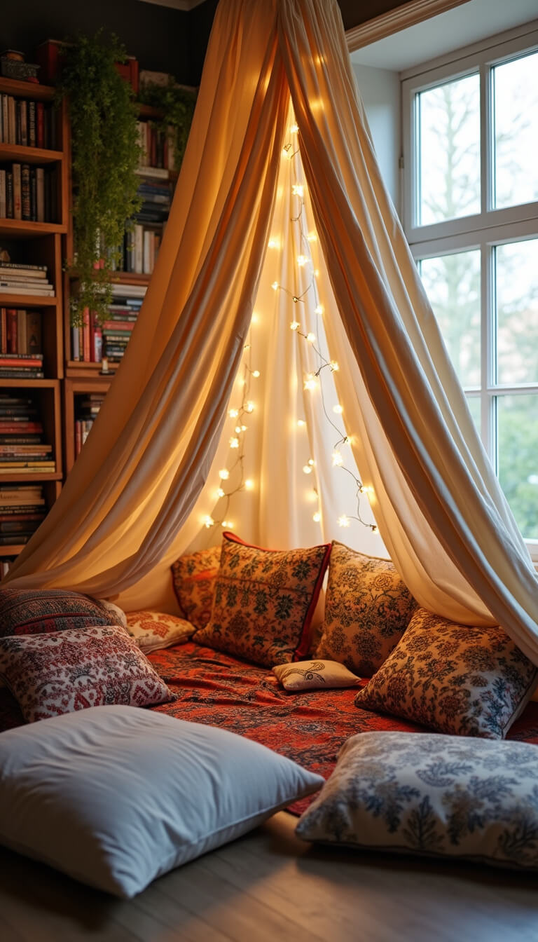 Cozy reading nook with fabric canopy, tribal floor pillows, wooden crate book storage, and fairy lights in soft afternoon light.