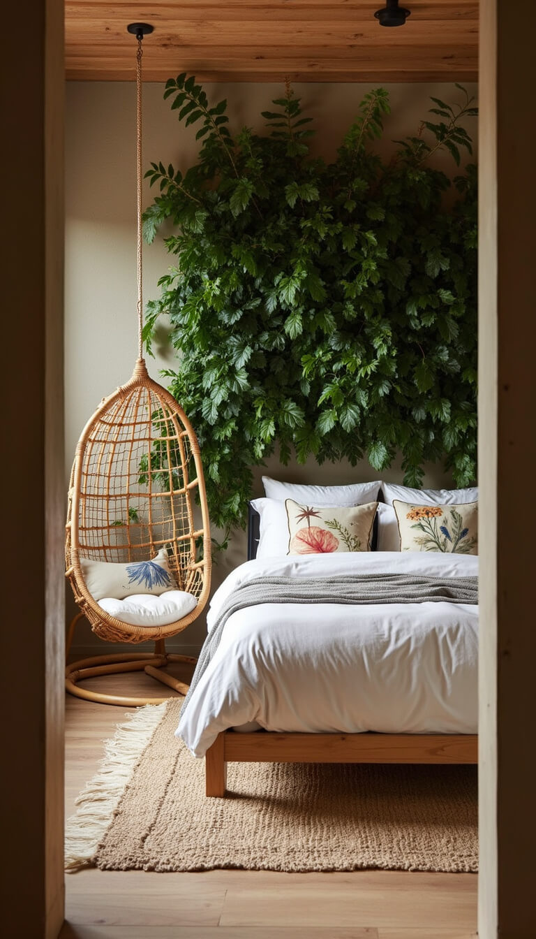 Cozy 14x16ft nature-inspired bedroom with living plant wall, platform bed in desert-toned organic linens, handwoven rug over sisal carpet, and rattan hanging chair with botanical cushions, viewed through doorway with natural and warm lighting.